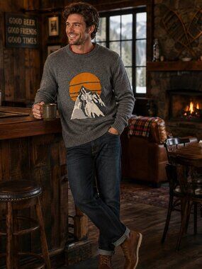 WindRiver Heritage XL Grey Mountain Sunset Graphic Knit Sweater